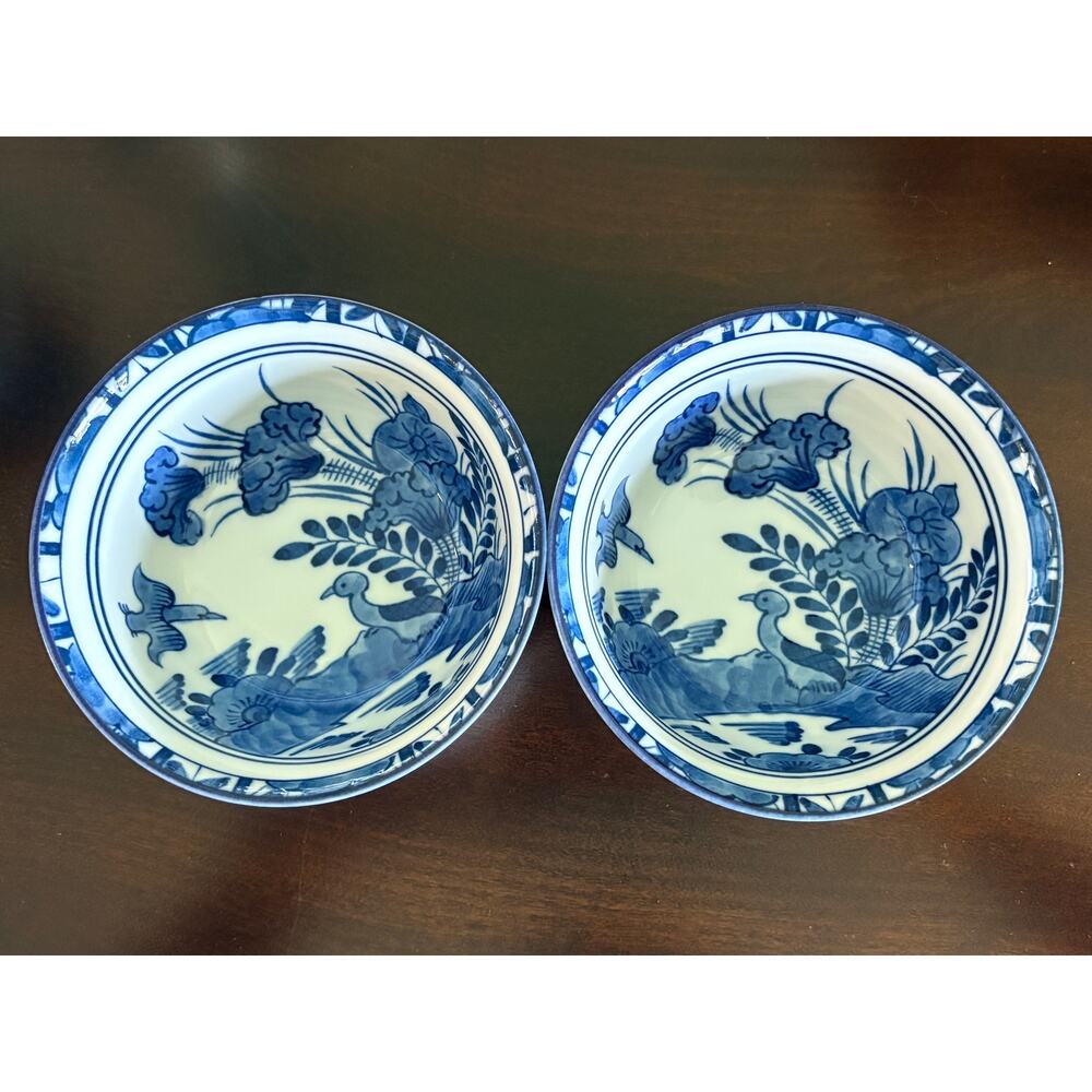 Yokohama Studio Blue White Japanese Bowls Set of 2 Birds Floral Made in Japan